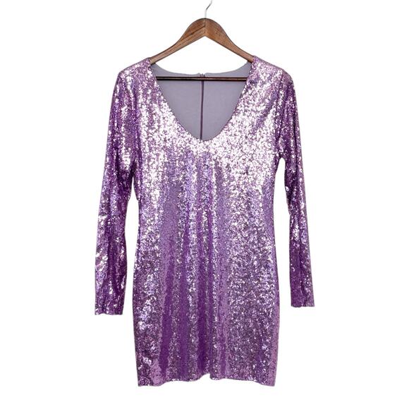 Purple Sequin Mini Dress Split Long Sleeve V Neck Cocktail NYE Party Sparkly | M - Picture 2 of 5